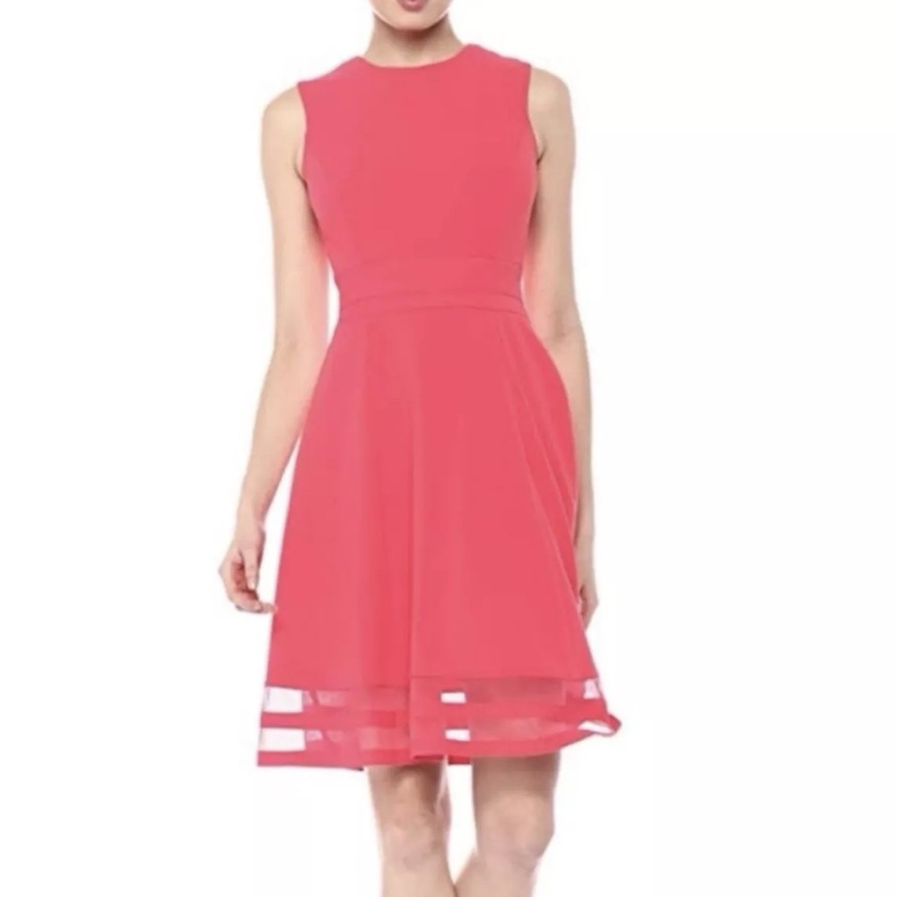 Calvin Klein Coral Sleeveless Midi Dress with Sheer Hem